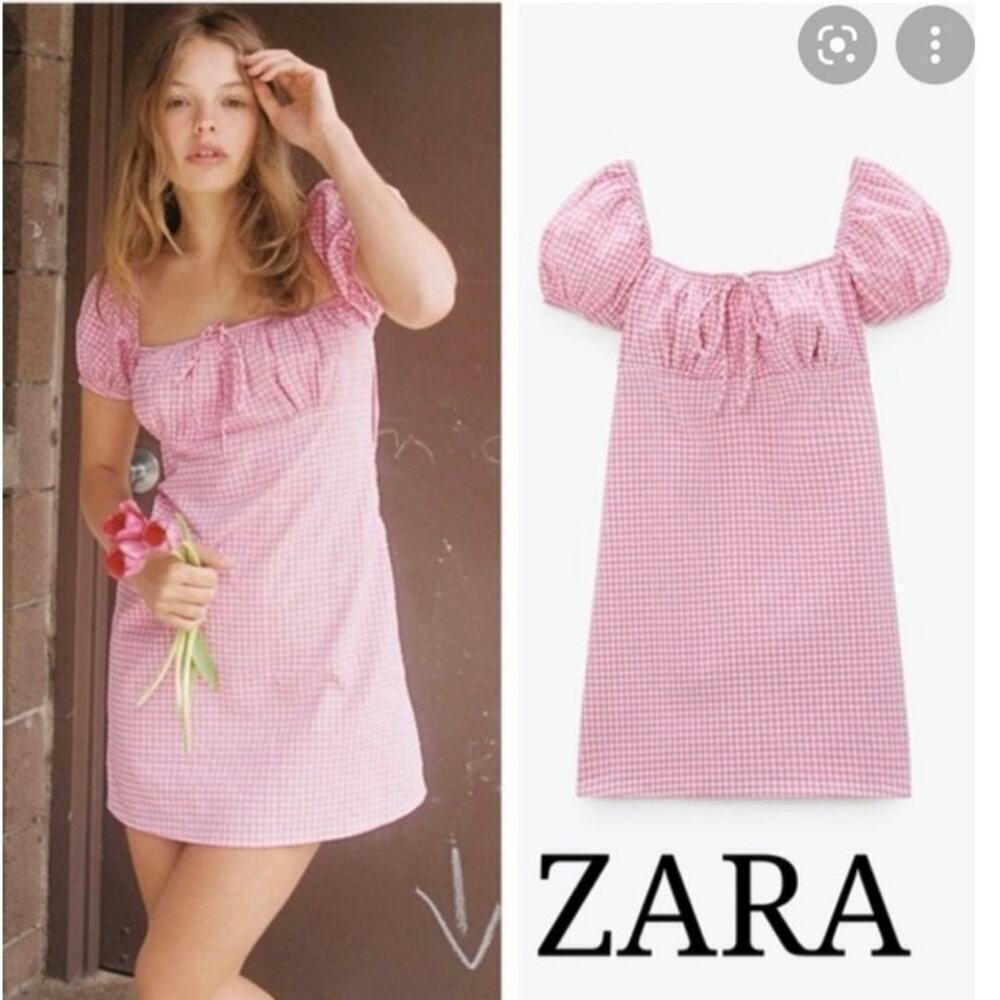 Zara milkmaid gingham dress pink